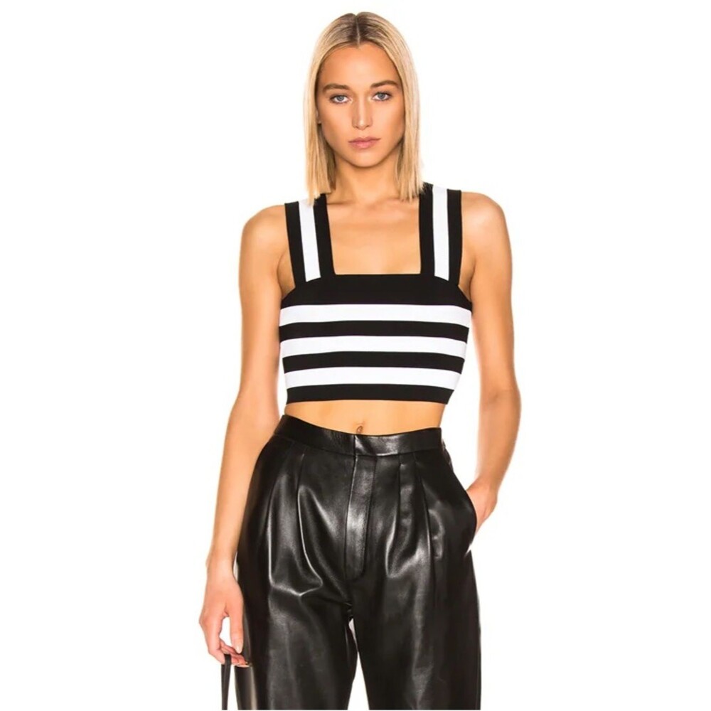 A.L.C. Tia Striped Black & White Square-Neck Crop Top